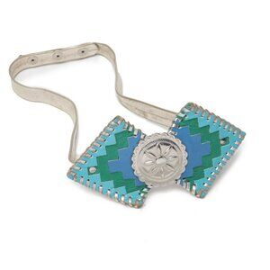 Vintage Southwestern Leather Belt Native Navajo Tribal Suede Silver Blue Green